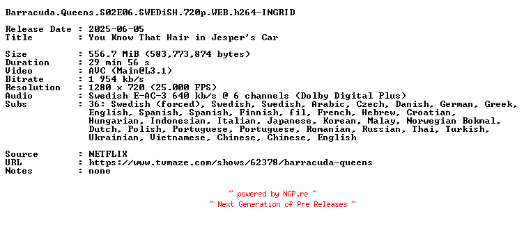 NFO for the release Barracuda.Queens.S02E06.SWEDiSH.720p.WEB.h264-INGRID by INGRID