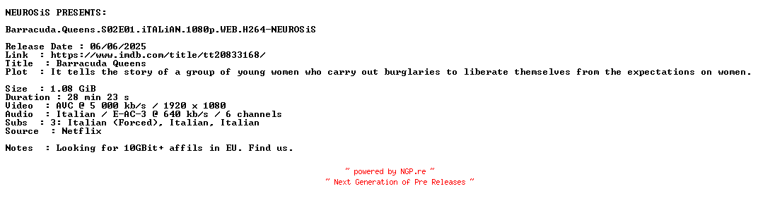 NFO for the release Barracuda.Queens.S02E01.iTALiAN.1080p.WEB.H264-NEUROSiS by NEUROSiS