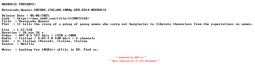 NFO for the release Barracuda.Queens.S02E04.iTALiAN.1080p.WEB.H264-NEUROSiS by NEUROSiS