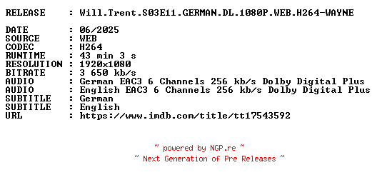 NFO for the release Will.Trent.S03E11.GERMAN.DL.1080P.WEB.H264-WAYNE by WAYNE