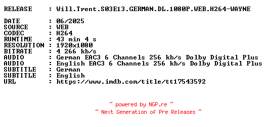NFO for the release Will.Trent.S03E13.GERMAN.DL.1080P.WEB.H264-WAYNE by WAYNE