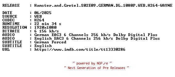 NFO for the release Hamster.and.Gretel.S02E09.GERMAN.DL.1080P.WEB.H264-WAYNE by WAYNE