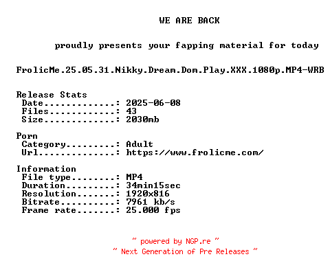 NFO for the release FrolicMe.25.05.31.Nikky.Dream.Dom.Play.XXX.1080p.MP4-WRB by WRB