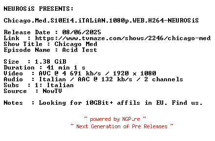 NFO for the release Chicago.Med.S10E14.iTALiAN.1080p.WEB.H264-NEUROSiS by NEUROSiS