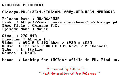 NFO for the release Chicago.PD.S12E14.iTALiAN.1080p.WEB.H264-NEUROSiS by NEUROSiS