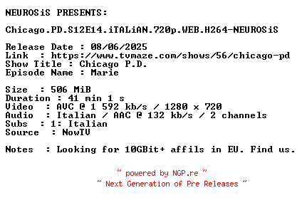 NFO for the release Chicago.PD.S12E14.iTALiAN.720p.WEB.H264-NEUROSiS by NEUROSiS