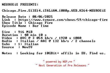 NFO for the release Chicago.Fire.S13E14.iTALiAN.1080p.WEB.H264-NEUROSiS by NEUROSiS