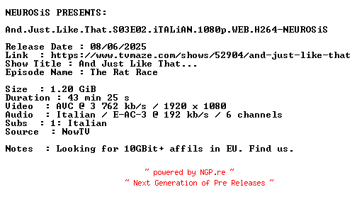 NFO for the release And.Just.Like.That.S03E02.iTALiAN.1080p.WEB.H264-NEUROSiS by NEUROSiS