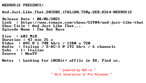 NFO for the release And.Just.Like.That.S03E02.iTALiAN.720p.WEB.H264-NEUROSiS by NEUROSiS