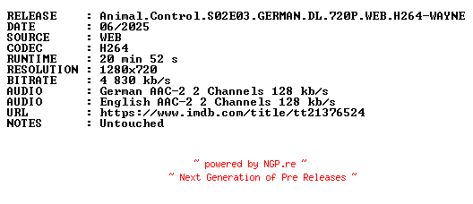 NFO for the release Animal.Control.S02E03.GERMAN.DL.720P.WEB.H264-WAYNE by WAYNE