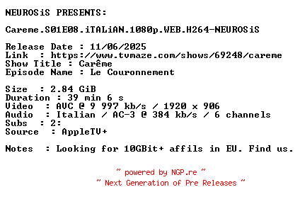 NFO for the release Careme.S01E08.iTALiAN.1080p.WEB.H264-NEUROSiS by NEUROSiS