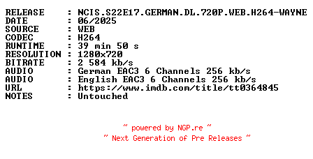 NFO for the release NCIS.S22E17.GERMAN.DL.720P.WEB.H264-WAYNE by WAYNE