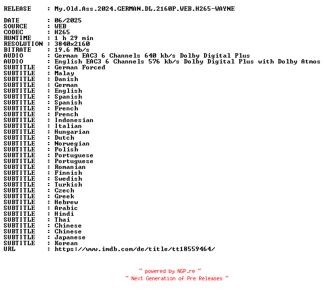 NFO for the release My.Old.Ass.2024.GERMAN.DL.2160P.WEB.H265-WAYNE by WAYNE