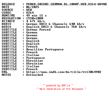 NFO for the release FUBAR.S02E02.GERMAN.DL.1080P.WEB.X264-WAYNE by WAYNE