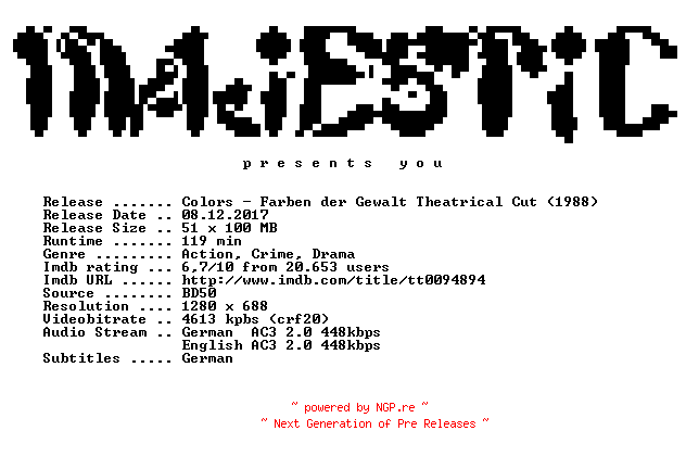 NFO for the release Colors.Farben.der.Gewalt.1988.Theatrical.Cut.German.DL.720p.BluRay.x264-MAJESTiC by MAJESTiC