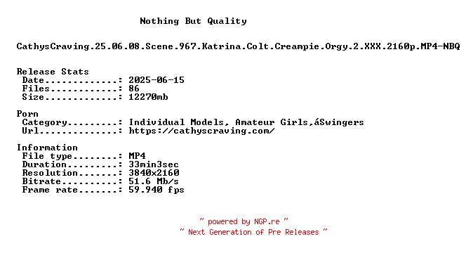 NFO for the release CathysCraving.25.06.08.Scene.967.Katrina.Colt.Creampie.Orgy.2.XXX.2160p.MP4-NBQ by NBQ