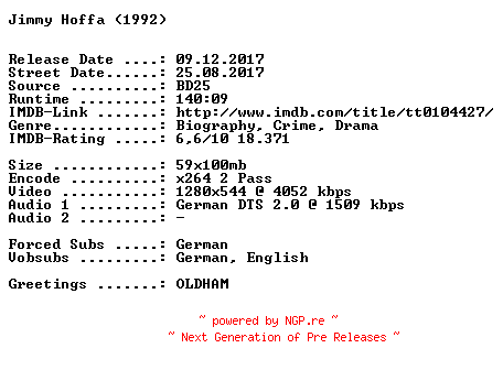 NFO for the release Jimmy.Hoffa.1992.German.720p.BluRay.x264-SPiCY by SPiCY
