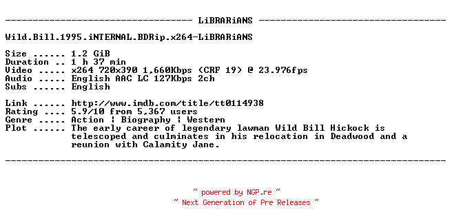 NFO for the release Wild.Bill.1995.iNTERNAL.BDRip.x264-LiBRARiANS by LiBRARiANS