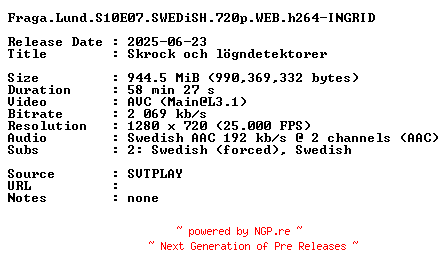 NFO for the release Fraga.Lund.S10E07.SWEDiSH.720p.WEB.h264-INGRID by INGRID