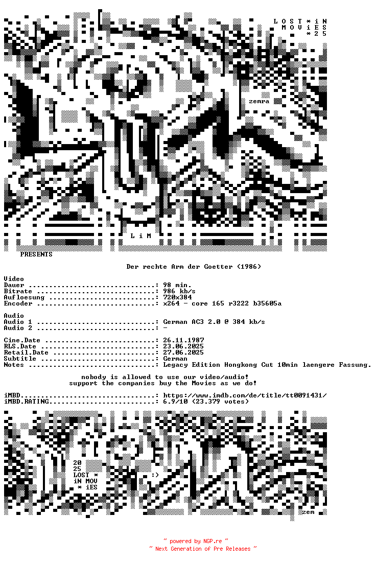 NFO for the release Armour.Of.God.German.1986.HONGKONG.CUT.AC3.BDRip.x264-LIM by LIM
