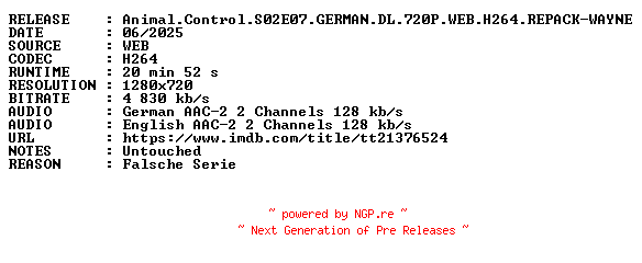 NFO for the release Animal.Control.S02E07.GERMAN.DL.720P.WEB.H264.REPACK-WAYNE by WAYNE