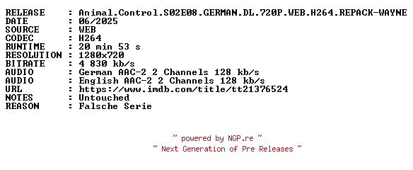 NFO for the release Animal.Control.S02E08.GERMAN.DL.720P.WEB.H264.REPACK-WAYNE by WAYNE