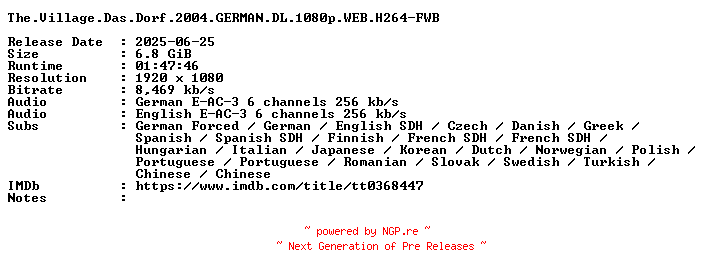 NFO for the release The.Village.Das.Dorf.2004.GERMAN.DL.1080p.WEB.H264-FWB by FWB