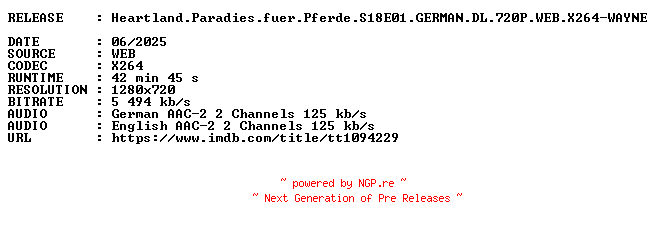 NFO for the release Heartland.Paradies.fuer.Pferde.S18E01.GERMAN.DL.720P.WEB.X264-WAYNE by WAYNE