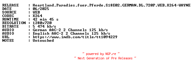 NFO for the release Heartland.Paradies.fuer.Pferde.S18E02.GERMAN.DL.720P.WEB.X264-WAYNE by WAYNE