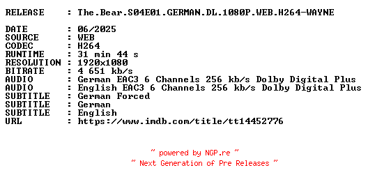 NFO for the release The.Bear.S04E01.GERMAN.DL.1080P.WEB.H264-WAYNE by WAYNE