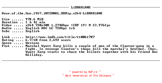NFO for the release Hour.of.the.Gun.1967.iNTERNAL.BDRip.x264-LiBRARiANS by LiBRARiANS