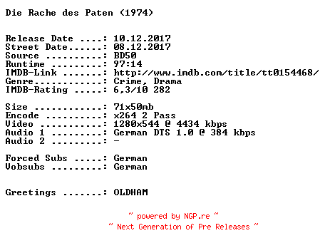 NFO for the release Die.Rache.des.Paten.UNCUT.1974.German.720p.BluRay.x264-SPiCY by SPiCY