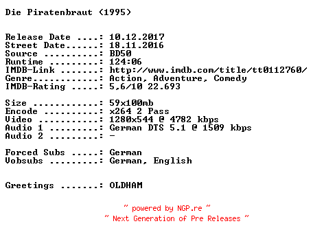 NFO for the release Die.Piratenbraut.1995.German.720p.BluRay.x264-SPiCY by SPiCY