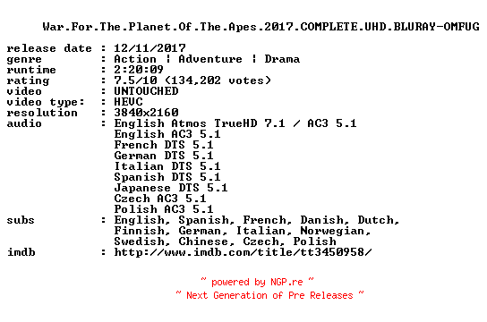 NFO for the release War.For.The.Planet.Of.The.Apes.2017.COMPLETE.UHD.BLURAY-OMFUG by OMFUG