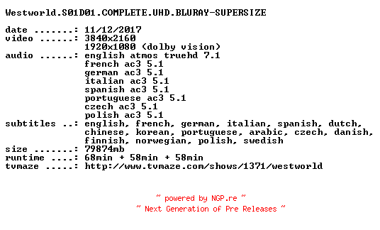 NFO for the release Westworld.S01D01.COMPLETE.UHD.BLURAY-SUPERSIZE by SUPERSIZE