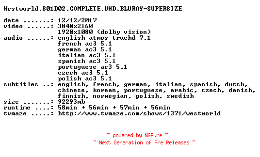 NFO for the release Westworld.S01D02.COMPLETE.UHD.BLURAY-SUPERSIZE by SUPERSIZE