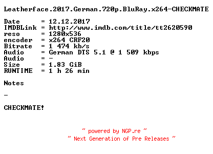 NFO for the release Leatherface.2017.German.720p.BluRay.x264-CHECKMATE by CHECKMATE