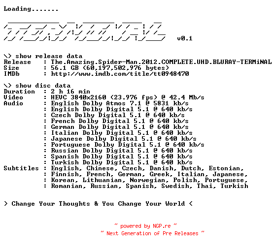 NFO for the release The.Amazing.Spider-Man.2012.COMPLETE.UHD.BLURAY-TERMiNAL by TERMiNAL