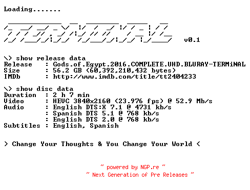 NFO for the release Gods.of.Egypt.2016.COMPLETE.UHD.BLURAY-TERMiNAL by TERMiNAL