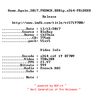 NFO for the release Home.Again.2017.FRENCH.BDRip.x264-PRiDEHD by PRiDEHD