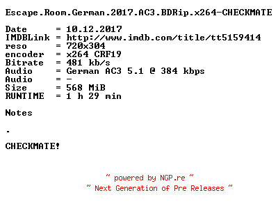 NFO for the release Escape.Room.German.2017.AC3.BDRip.x264-CHECKMATE by CHECKMATE