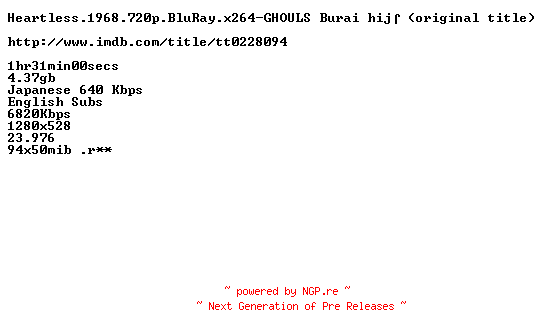 NFO for the release Heartless.1968.720p.BluRay.x264-GHOULS by GHOULS