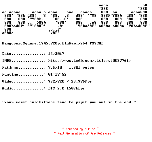 NFO for the release Hangover.Square.1945.720p.BluRay.x264-PSYCHD by PSYCHD
