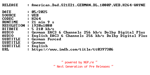 NFO for the release American.Dad.S21E21.GERMAN.DL.1080P.WEB.H264-WAYNE by WAYNE