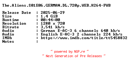 NFO for the release The.Aliens.S01E06.GERMAN.DL.720p.WEB.H264-FWB by FWB