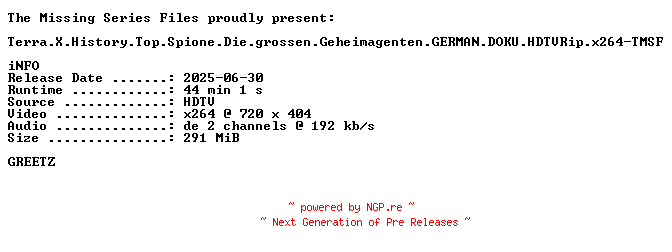 NFO for the release Terra.X.History.Top.Spione.Die.grossen.Geheimagenten.GERMAN.DOKU.HDTVRip.x264-TMSF by TMSF
