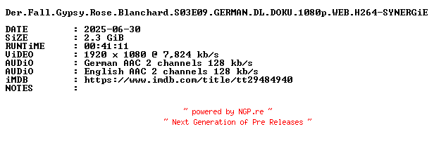 NFO for the release Der.Fall.Gypsy.Rose.Blanchard.S03E09.GERMAN.DL.DOKU.1080p.WEB.H264-SYNERGiE by SYNERGiE