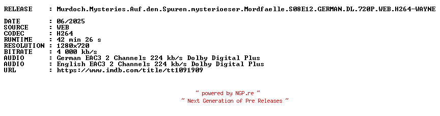 NFO for the release Murdoch.Mysteries.Auf.den.Spuren.mysterioeser.Mordfaelle.S08E12.GERMAN.DL.720P.WEB.H264-WAYNE by WAYNE