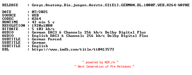 NFO for the release Greys.Anatomy.Die.jungen.Aerzte.S21E13.GERMAN.DL.1080P.WEB.H264-WAYNE by WAYNE