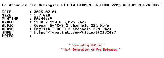 NFO for the release Goldtaucher.der.Beringsee.S13E10.GERMAN.DL.DOKU.720p.WEB.H264-SYNERGiE by SYNERGiE